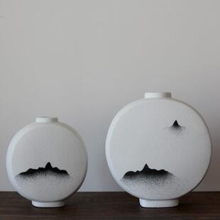 陶瓷器仿古磨砂水墨花瓶新中式家居客厅插花装饰品茶几摆件