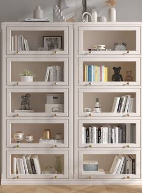 简约书柜白色玻璃门组合现代书架落地儿童储物柜实木轻奢防尘书&Z