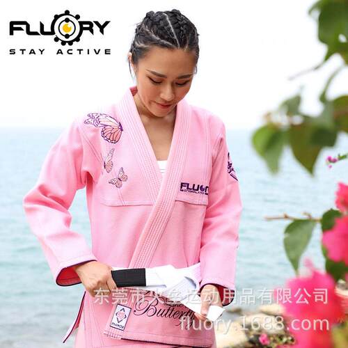 FLUORY火垒巴西柔术道服女蝴蝶刺绣BJJGI柔道服训练柔术服粉色