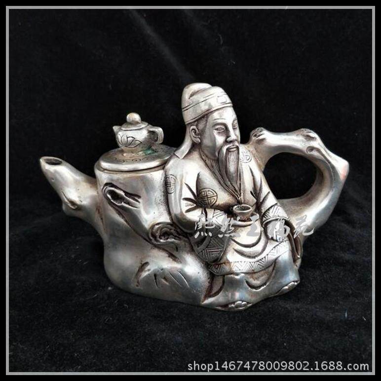 仿古铜壶摆件白铜镀银水壶茶壶酒壶树桩壶家居古玩铜器收藏