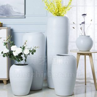 酒店大号瓷瓶摆件新中式插花陶罐样板房简约白色陶瓷落地花瓶陶缸