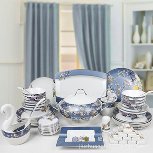 饭碗家庭碗盘应县陶瓷骨瓷餐具套装 碗碟62头套装 家用一套组合中式