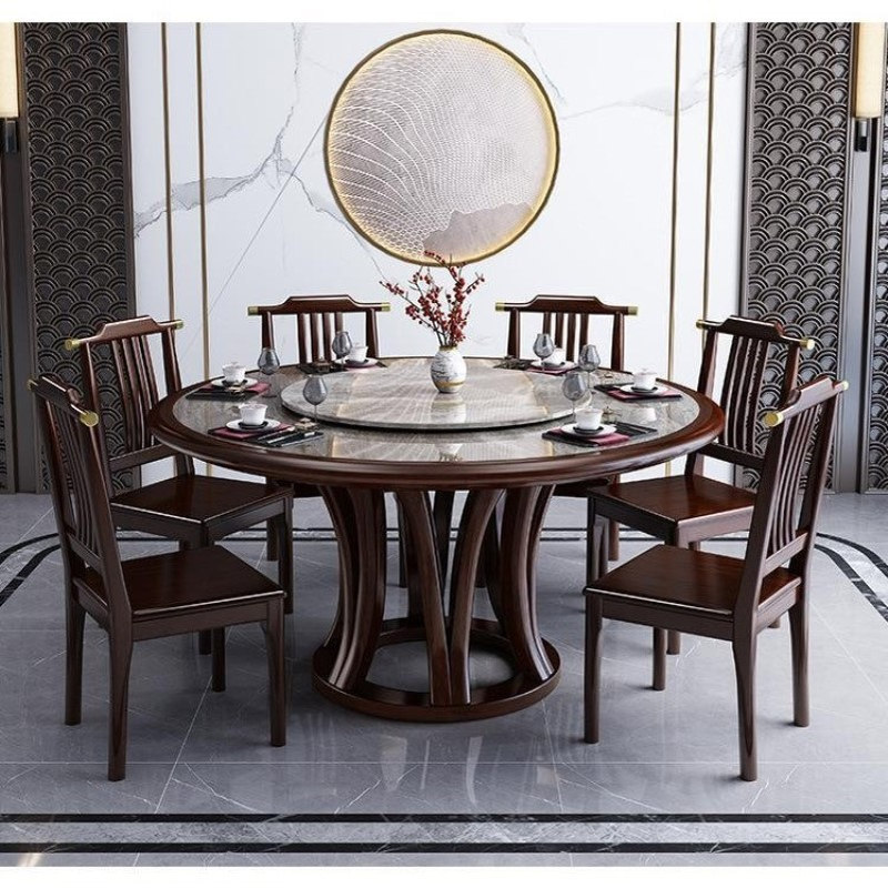新中式岩板圆桌餐椅组合简约家用大小户型圆形紫金檀木实木圆桌椅