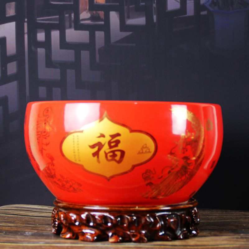 睡莲碗红色花盆聚宝盆陶瓷大景德镇水培无孔客厅瓷盆兰花创意
