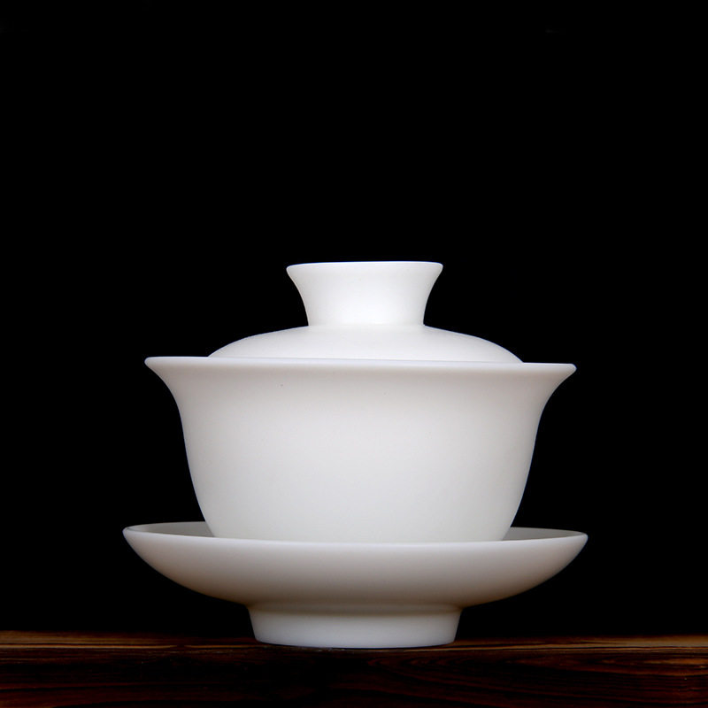 素雅羊脂玉3.8盖碗茶具中国白陶瓷大号码三才杯白瓷敬茶杯茶器