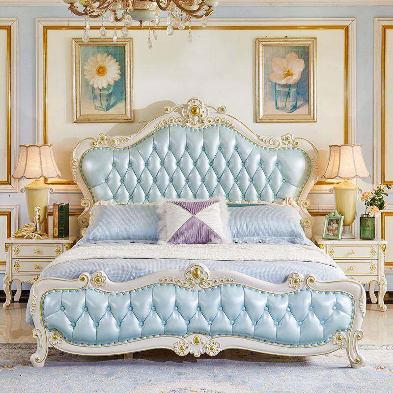 2022新款欧式双人主卧床1米8简欧风格天空蓝色实木雕花真皮公主床