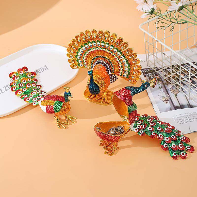 时尚家居摆件大号孔雀珠宝首饰品小摆件合金孔雀装饰盒景区纪念品