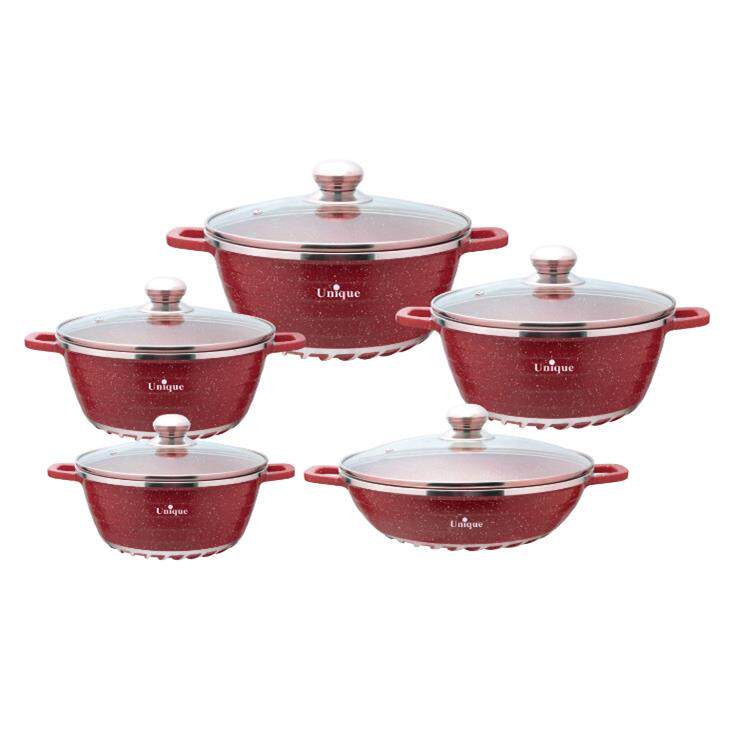 Unique条纹款麦饭石10件套铝锅汤锅厨具套装压铸锅大理石