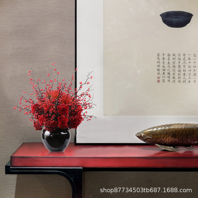 中式仿真红色果子野浆果整体花艺喜庆婚庆新居玄关大厅售楼处摆件