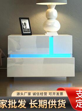 高光RGBLED床头柜2抽屉床头柜侧柜黑色多功能高光泽储物柜