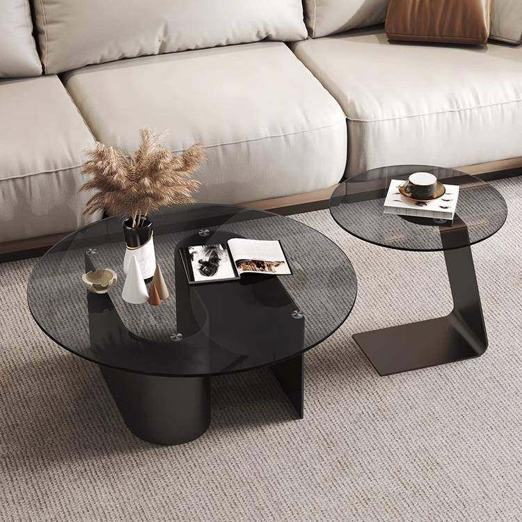 黑色钢化玻璃茶几客厅家用简约组合圆桌高级感小户型极简边几桌子
