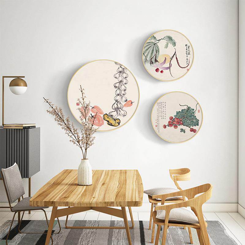 时节佳果新中式圆形餐厅装饰画国风水果客厅壁画原木风挂画
