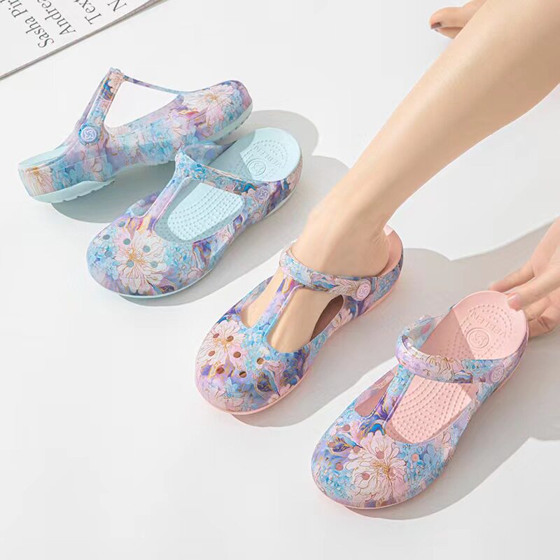 VEBLEN沙滩防滑洞洞鞋女软底海边厚底果冻鞋外穿大码包头凉鞋夏季