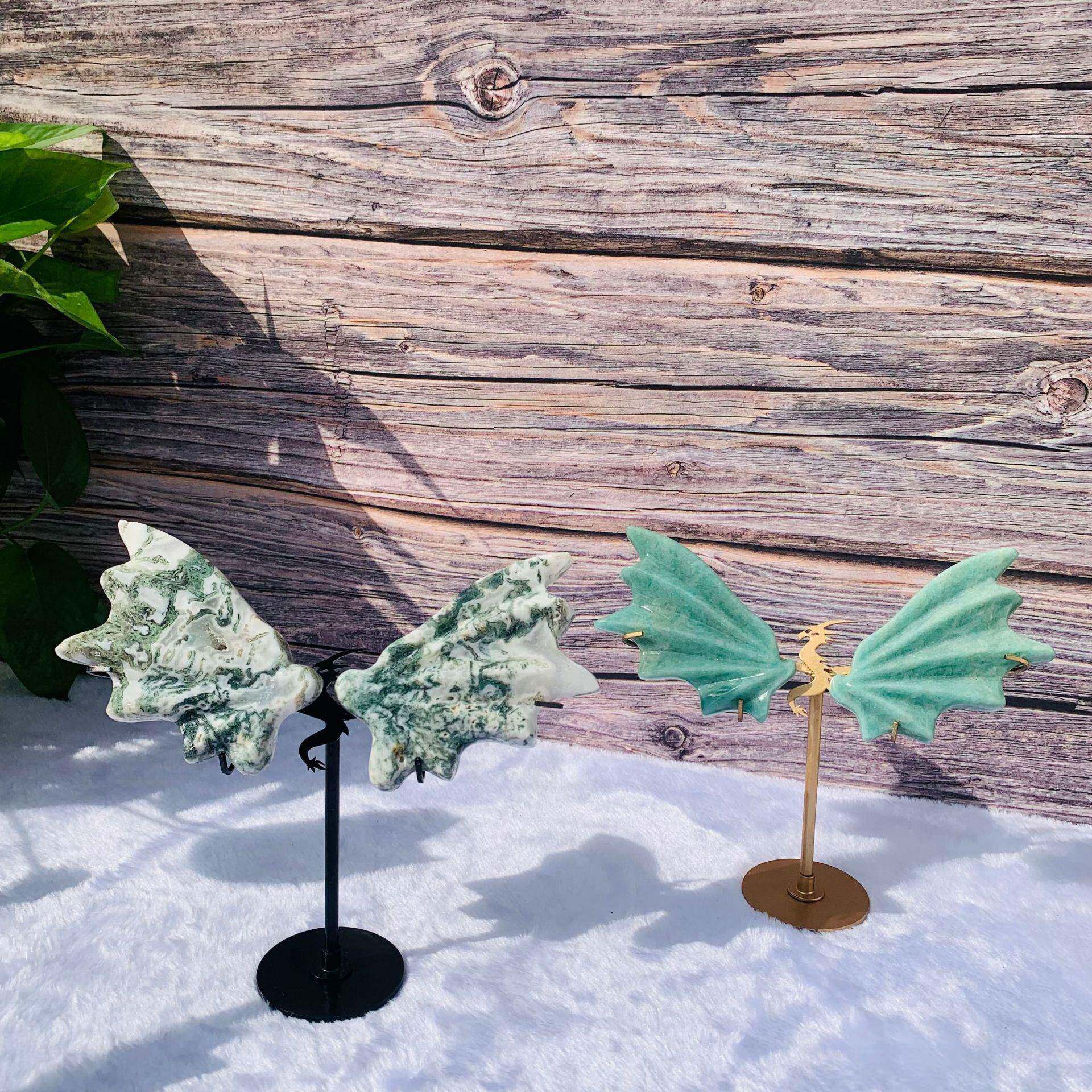 天然水草玛瑙海洋碧玉龙蝙蝠翅膀雕刻水晶翅膀办公装饰摆件