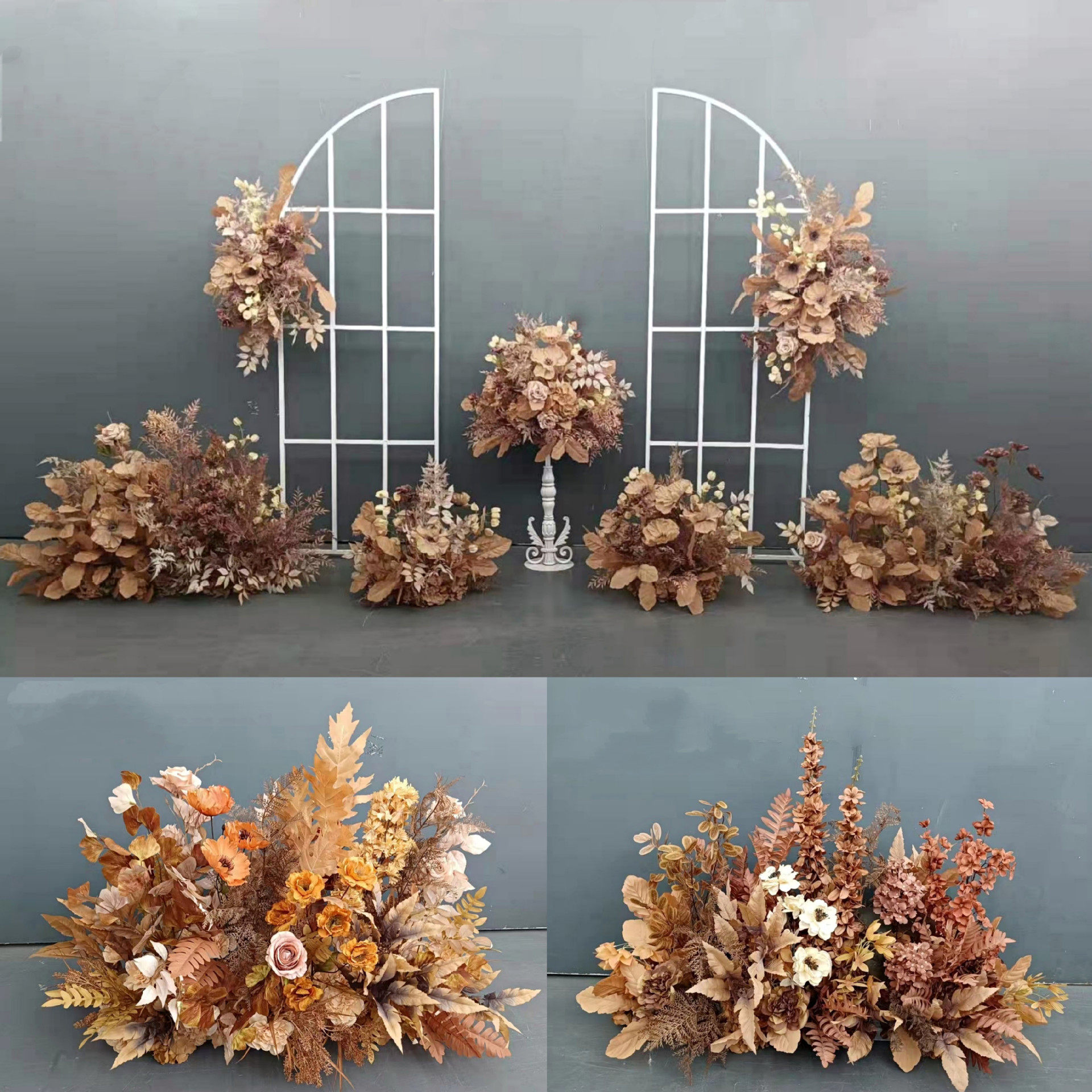 婚庆焦糖色秋色排花路引花婚礼花艺桌花挂花t台背景装饰道具套系