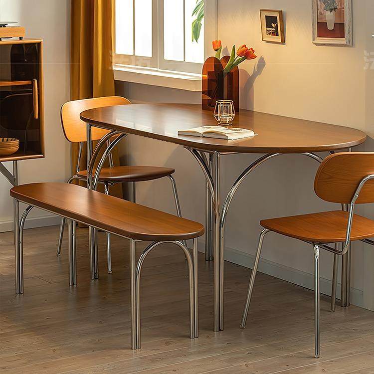 中古风实木餐桌椅组合不锈钢桌腿复古小户型椭圆形饭桌子家用圆桌