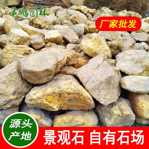 湖边造景小黄腊石草坪绿地假山石园林景观黄蜡石大型河卵石