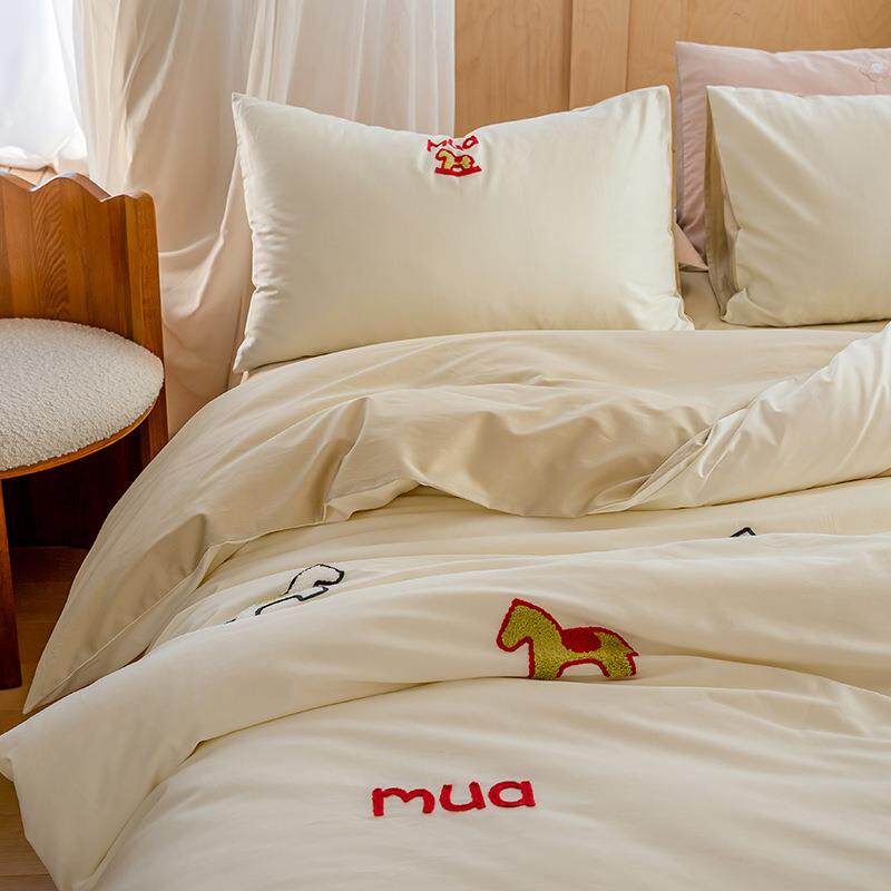 贡缎100床上支全棉床笠纯棉毛巾长绒棉四件套被套绣可爱床单刺绣