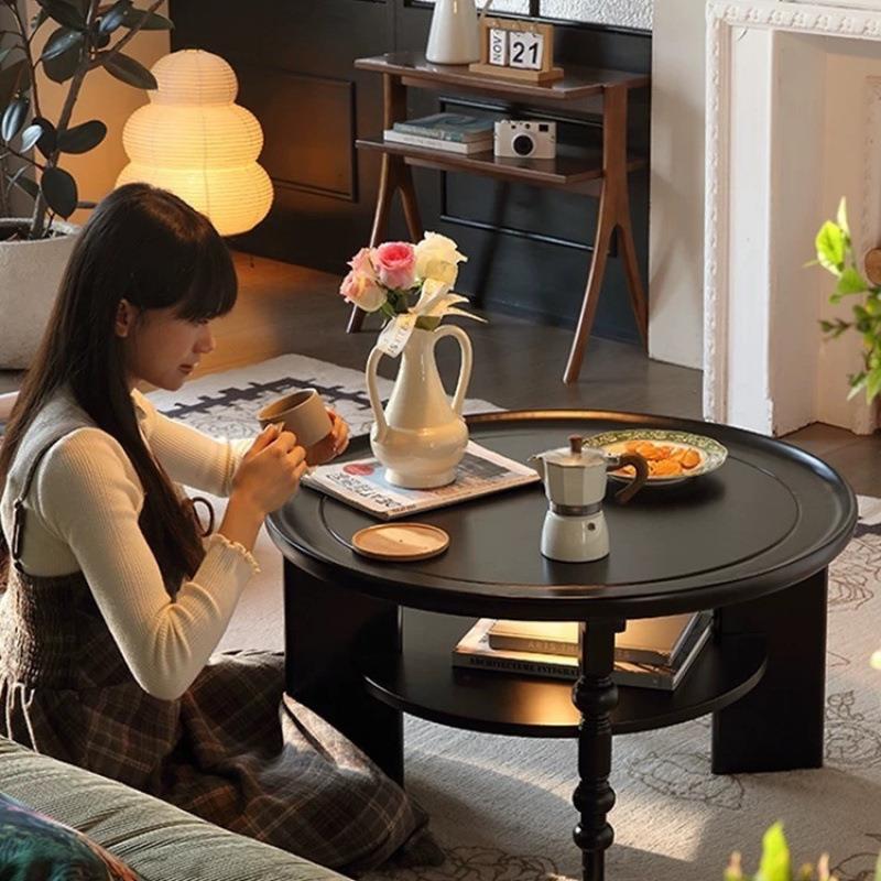 法式实木茶几圆形茶桌小户型中古小桌子古风家用客厅美式复古VSa