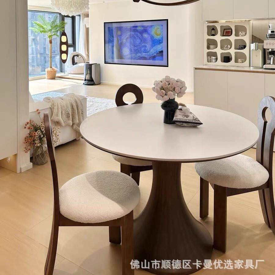 实木圆形餐桌现代简约家用轻奢高端胡桃色曼妙意式纯白岩板餐桌椅