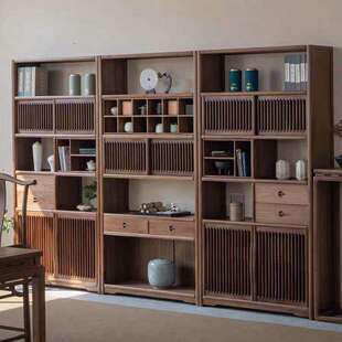 新中式实木博古架黑胡桃色书柜展示柜老榆木多宝阁书架茶室置物架