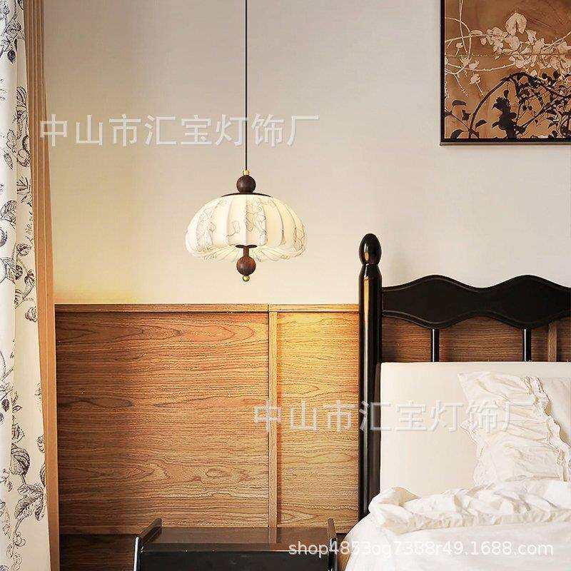 家装玄关灯饰布艺床头小吊过道灯宋式美学中古法式奶油木艺灯具