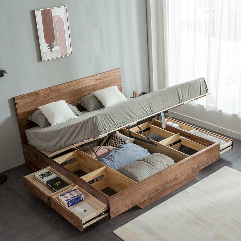 全实木北欧简约气撑压储物黑胡桃1.8米双人高箱抽屉悬浮床防地暖