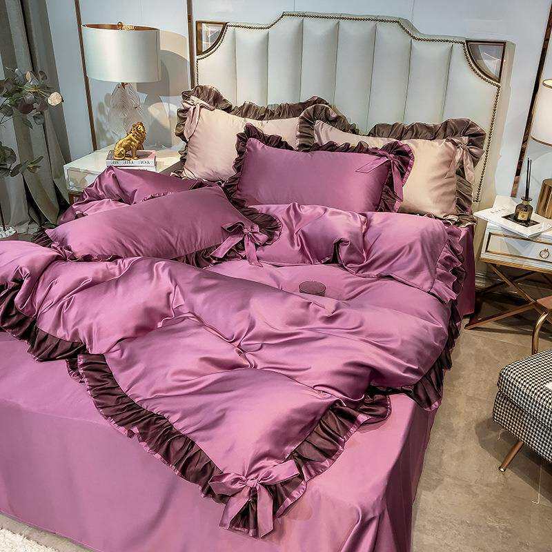 公主风纯色真丝蝴蝶结水洗冰丝四件套床上用品丝滑床单床笠床裙款