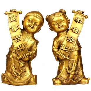 纯舟  纯铜招财童子摆件善财童子龙女金童玉女旺财家居摆设