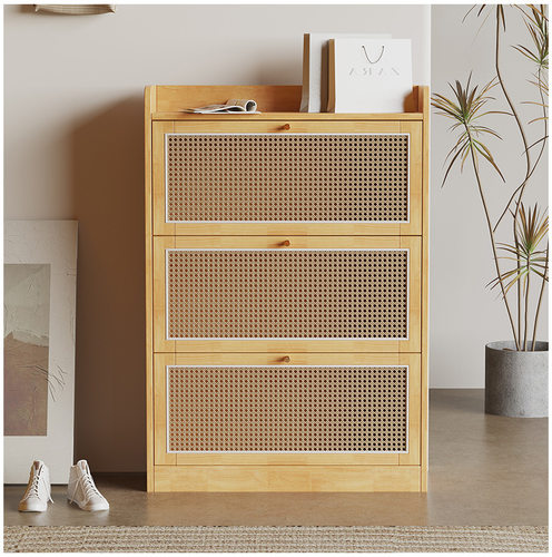 简约藤编靠墙鞋柜实木家用入户门口超薄玄关收纳小户型翻斗