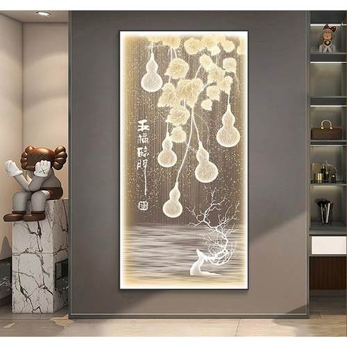 背有靠山玄关装饰画入户门走廊过道挂画竖版高档轻奢客厅壁画灯画