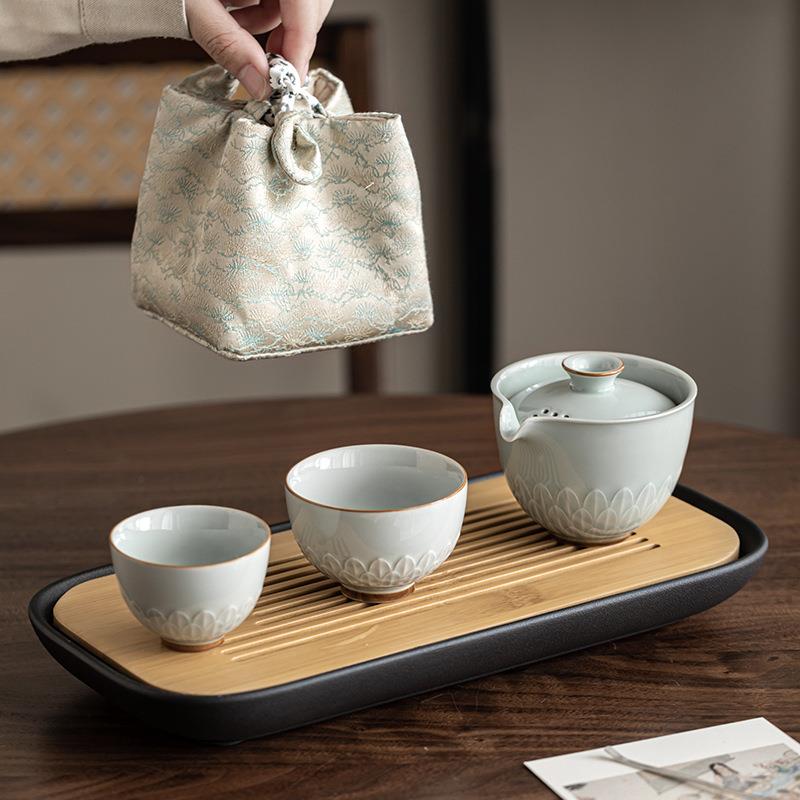 莲瓣快客杯户外旅行茶具现代简约便携一壶两杯快杯随身收纳布袋装