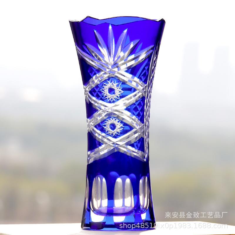 微瑕中式花边口手工雕刻套色玻璃小西洋蓝色玻璃切子花瓶工艺品