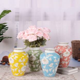 新中式陶瓷花瓶手绘红黄蓝绿彩色水培插花瓷瓶家居客厅装饰品摆件