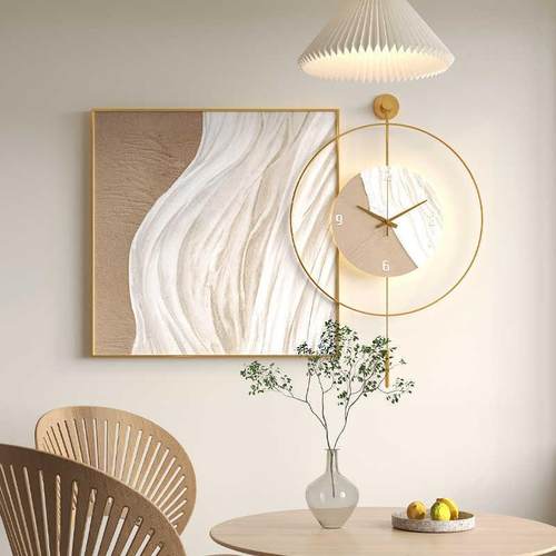 奶油风餐厅装饰画带钟表挂钟客厅壁画现代简约餐桌时钟抽象肌理画
