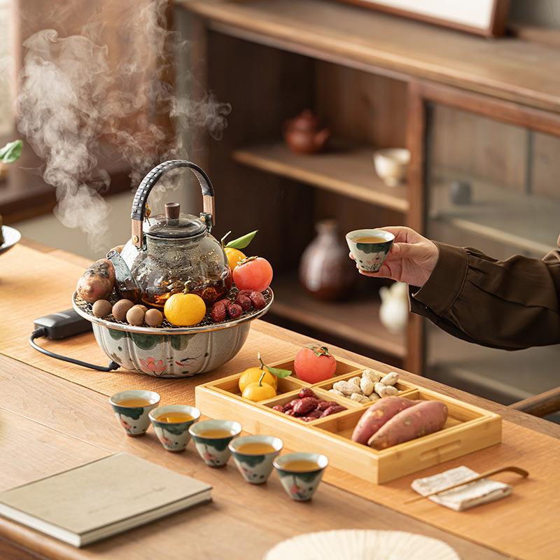 电陶炉围炉煮茶家用室内耐高温蒸煮玻璃茶壶高端套装茶杯手绘陶瓷