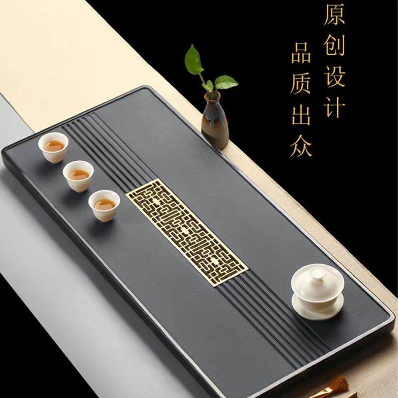 天然整块乌金石茶盘排水家用简约现代中式嵌入茶桌石茶台拖盘