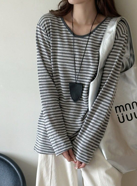 3-13H【高质条纹T】新款复古条纹宽松V领休闲长袖T恤 81006-26201