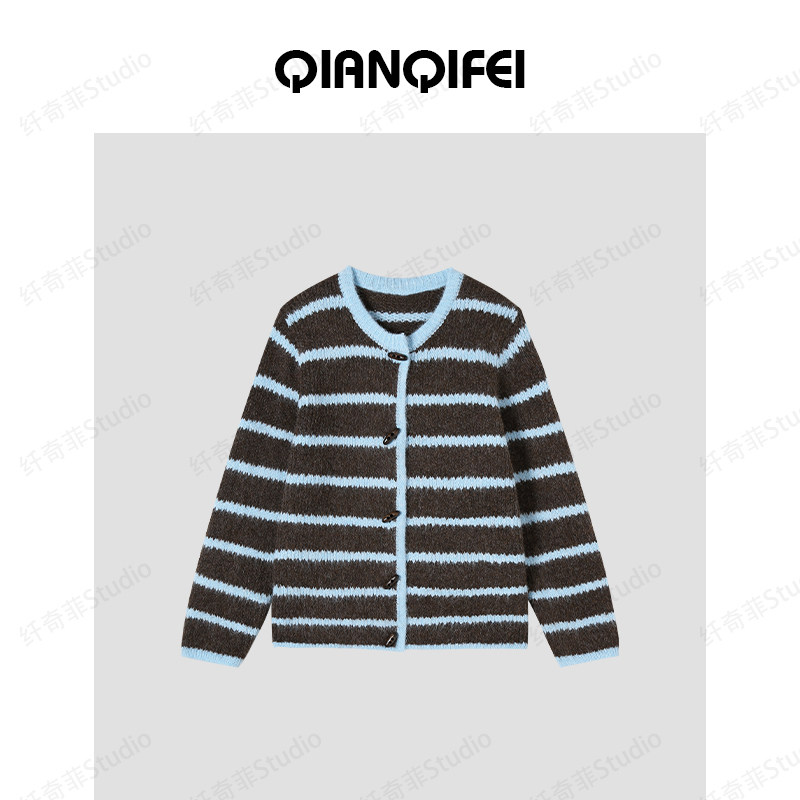 1-18H【纤奇菲】新款复古牛角扣慵懒风条纹毛衣开衫 81001-WY479,女装/女士精品,毛针织衫,淘宝优惠券,粉丝福利购,淘宝优惠卷