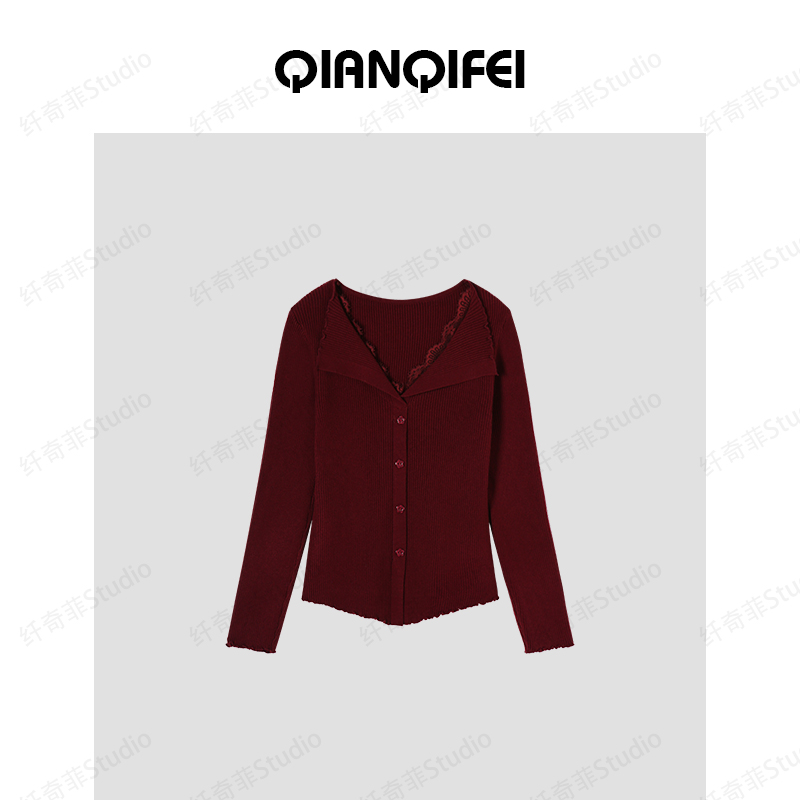 11-27H【纤奇菲】新款纯欲蕾丝拼接V领木耳边针织衫 81104-25155