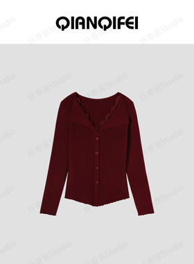 2-4F【纤奇菲】新款纯欲蕾丝拼接V领木耳边针织衫 81104-25155