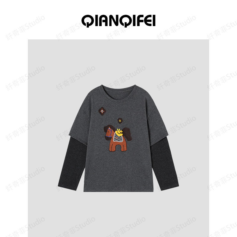 1-17F【纤奇菲】 小马刺绣贴布拼接条纹假两件长袖T恤 91022-386,女装/女士精品,T恤,淘宝优惠券,粉丝福利购,淘宝优惠卷