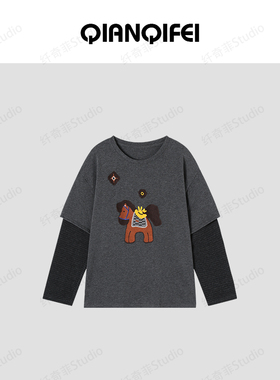 1-17F【纤奇菲】 小马刺绣贴布拼接条纹假两件长袖T恤 91022-386