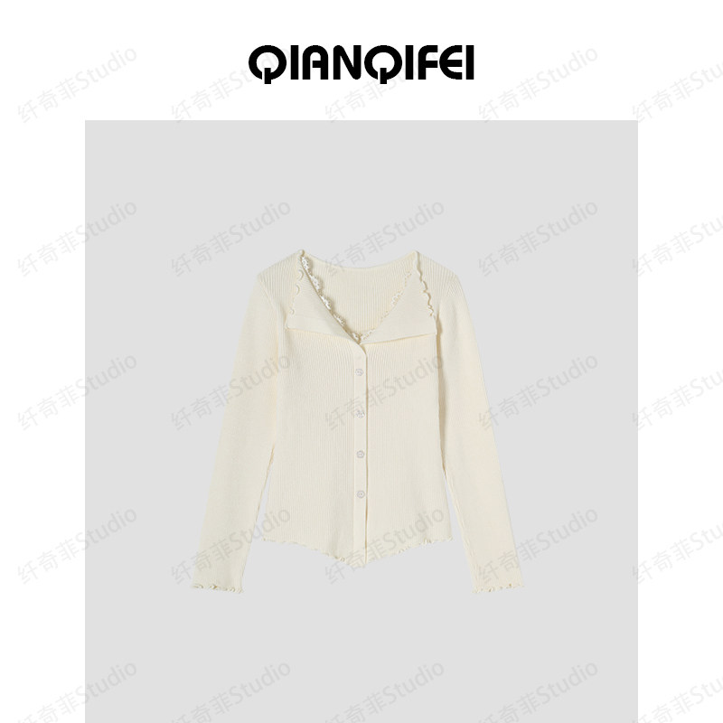 12.9F【纤奇菲】新款纯欲蕾丝拼接V领木耳边针织衫 81104-25155