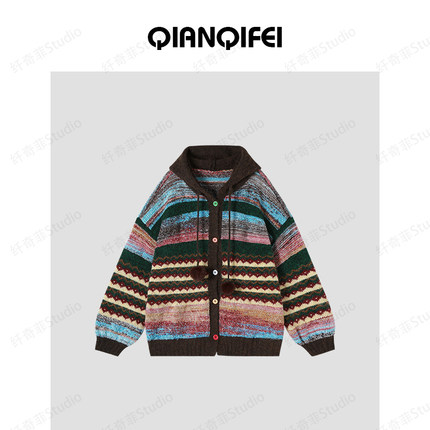 12-19F【纤奇菲】 复古彩色条纹连帽毛球毛衣开衫 81046-2155