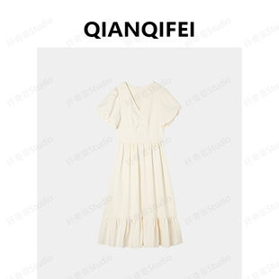 1.28F【纤奇菲】新款法式气质V领泡泡袖连衣裙 81033-6118