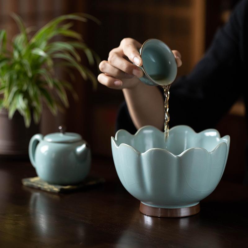 汝道汝窑茶洗大号洗杯子容器茶杯收纳茶盆陶瓷建水茶道配件莲花洗