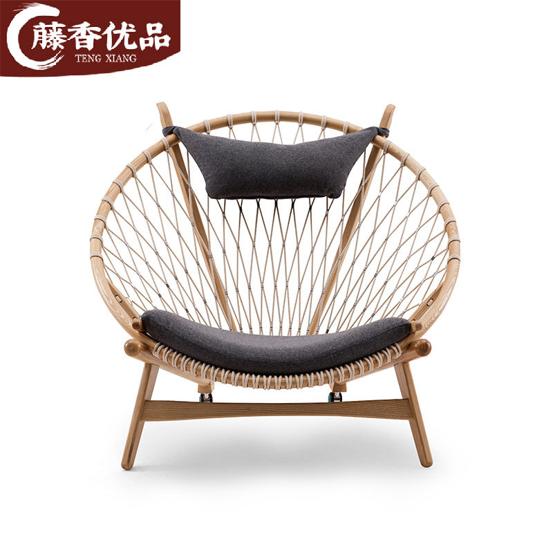 北欧单人休闲椅圆圈形客厅现代简约沙发椅书房实木编绳椅子