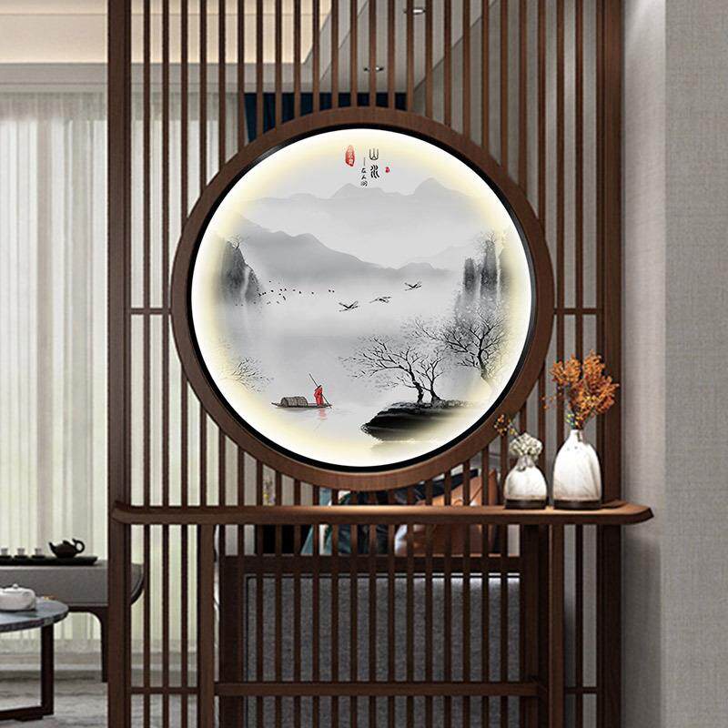 新中式屏风隔断双面画入户玄关发光装饰画轻奢圆形led带灯壁挂画