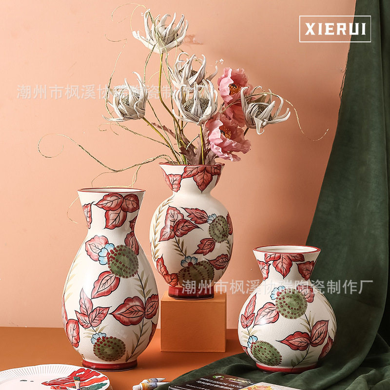 现代轻奢陶瓷手绘玫瑰花花瓶北欧艺术网红插花花器客厅样板间装饰